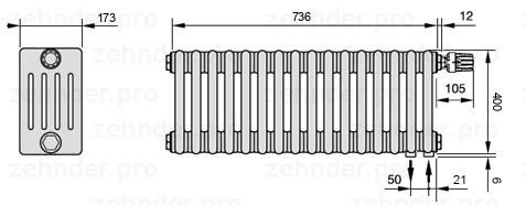 Схема (чертеж) Радиатор Zehnder Charleston 5040/16 №V002 Белый глянцевый RAL 9016
